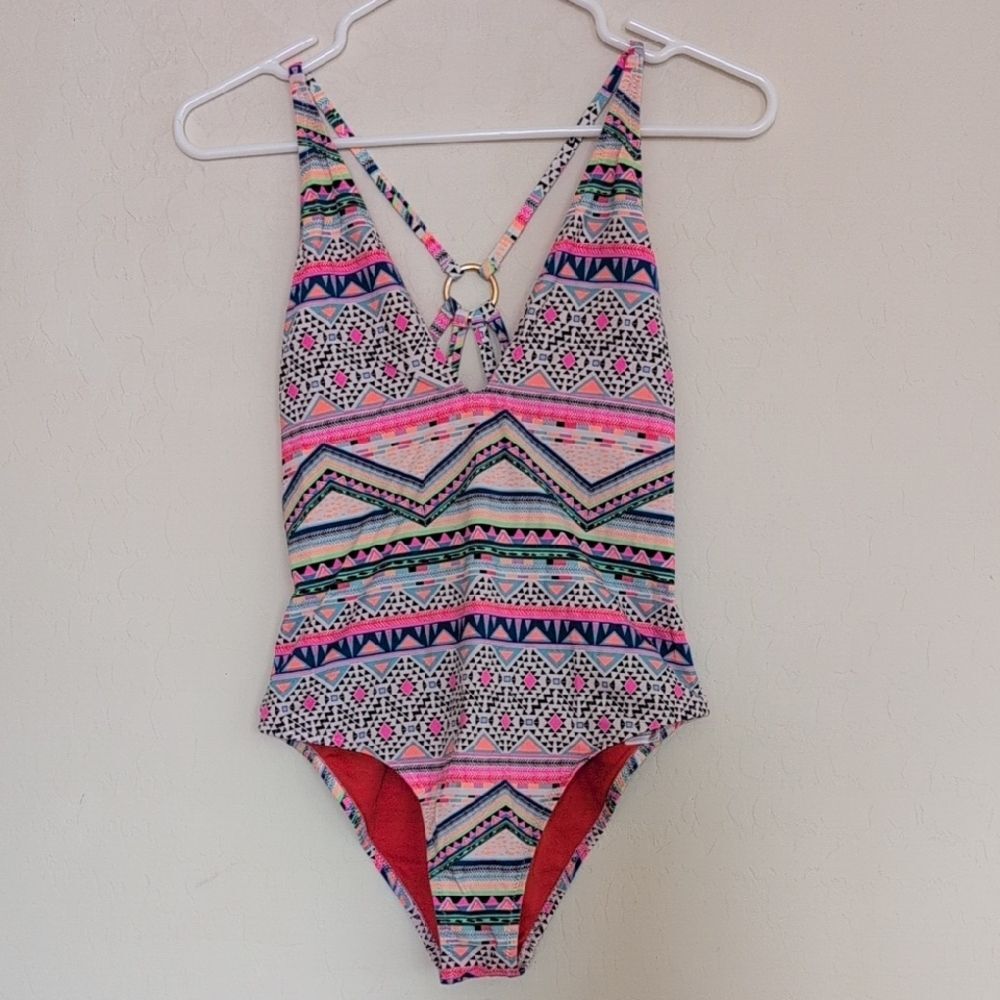 Topshop Sexy Deep V High Cut Cheeky Aztec Tribal One Piece Swimsuit - Size 6